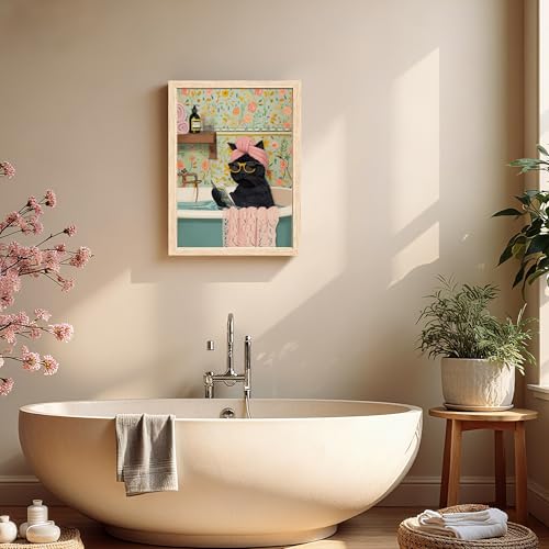 ICHZUMW Framed Funny Black Cat in Bathtub Canvas Bathroom Wall Art 16x24 In - color: Spa Kitty, size: 24"L x 16"W