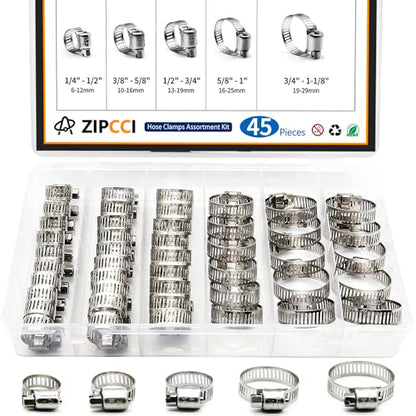 Hose Clamp Assortment, 45 Pack Stainless Steel Hose Clamps Kit Worm Gear Fuel Line Pipe Clamps (1/4 in to 1-1/8 in) - size: 6-29mm (1/4-1-1/8 inch)