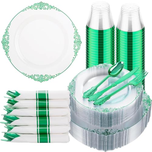 Hioasis 175 Pcs Clear Green Plates for Party - color: Clear and Green