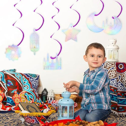 6 Pcs Iridescent Eid Mubarak Hanging Swirls, Sparkling Metallic Ceiling Streamers Garland with Crescent Moon Star Castle Lantern Pattern for Islamic Muslim Ramadan Eid al-Adha Party Decoration