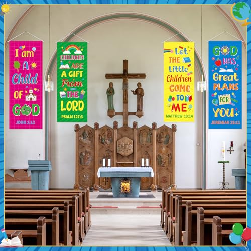 Panelee 4 Pcs Church Banners for Sanctuary Wall Rainbow Cartoon Church Banners with Scripture Inspirational Religious Praise Bible Verses Hanging Backdrop Signs for Sunday School Worship Decoration - style: Bible Cartoon