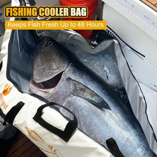 Insulated Fish Cooler Bag, 60'' Waterproof Leakproof Fishing Kill Bag with Drain Valve, Zipper and Heavy Duty PVC Marine Cooler for Boat Kayak Offshore Fishing, Keeps Fish Fresh Up to 48H - color: Orange+White