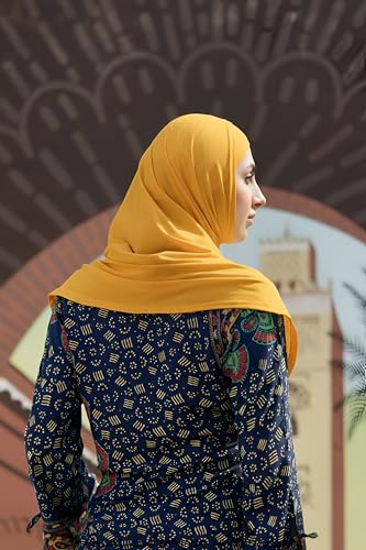 SARJANA Women's Solid Color Cotton Hijab with Under Scarf Cap Ready to Wear Stretch Scarves Long Scarfs FREE SIZE - color: Deep Yellow