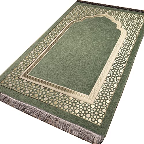 Modefa Turkish Islamic Prayer Mat - Thin Woven Chenille Sajjadah - Intricate Praying Rug Ramadan Eid Gift - Traditional Muslim Janamaz Sajada for Men Women - Geometric Selcuk Star (Light Green) - color: Light Green
