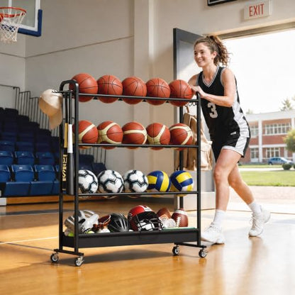 Adjustable Basketball Rack with Wheels, 4-Tier Sports Ball Storage Cart for Basketball Football Volleyball Soccer & More, Holds up to 20 Balls
