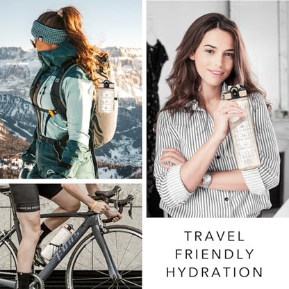 Hyeta Water Bottle with Straw & Time Marker, Plastic 32oz Leakproof | Motivational Tritan BPA Free Gym Office Outdoor Intake Tracker Hourly Reminder Straw Lid Carry Strap - color: Clear Amber