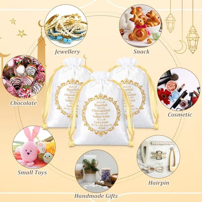 SATINIOR 36 Pcs Eid Ramadan Mubarak Satin Gift Bags 5 x 7 Inch Drawstring Eid Party Favor Silk Bags Mubarak Jewelry Pouch for Islamic Ramadan Gift Supplies Candy Bag Muslim Party Decoration