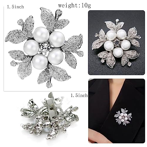 Crystal Pearl Flower Brooches Pins Fashion Beautiful Created Rhinestone Floral Brooch Good Idea for Party Dance Wedding Banquet for Elegant Women Girl - color: Silver Pearl Flower
