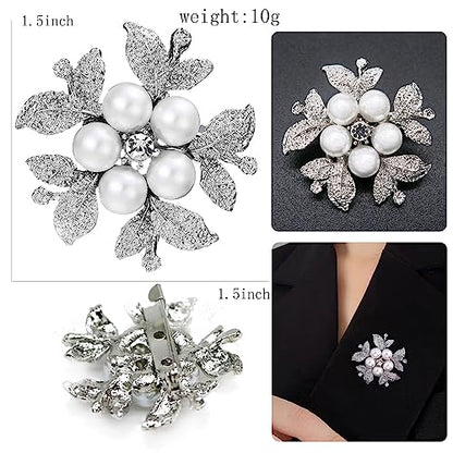 Crystal Pearl Flower Brooches Pins Fashion Beautiful Created Rhinestone Floral Brooch Good Idea for Party Dance Wedding Banquet for Elegant Women Girl - color: Silver Pearl Flower