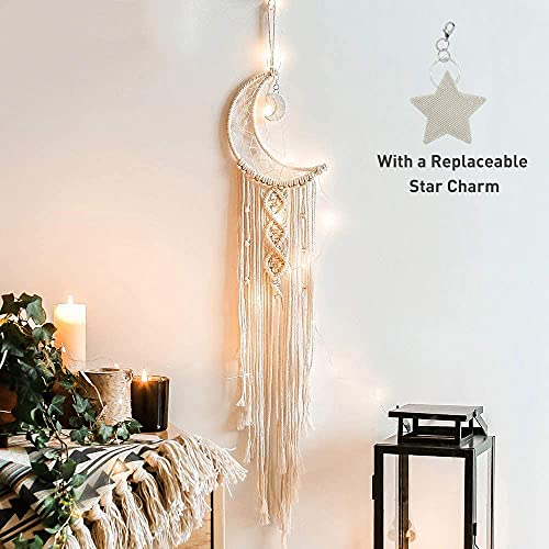 Boho Macrame Wall Hanging, Crochet Moon Star Dream Catcher with Tassel - color: Cream White, size: Without Light