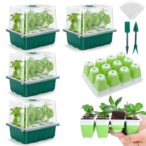 Seed Starter Tray, 48 Cells Indoor Seed Starter Kit, Flexible Silicone Designed Seedling Starter Trays, Germination Tray with Humidity Dome & Lids(4in Height), Reusable & Dishwasher Safe, BPA-FREE