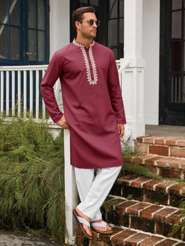 Runcati Mens Kaftan Thobe Cotton Henley Shirt Long Sleeve Embroidery Robe Casual Kurta Muslim Gown Shirt - color: Burgundy, size: Medium