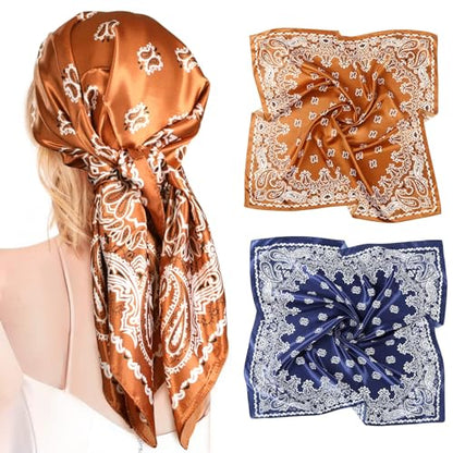 AWAYTR 35” Large Satin Square Head Scarf - 2Pcs Silk Like Floral Head Scarves Square Satin Hair Scarf Bandanas for Women - color: Cashews (Coffee+navy)