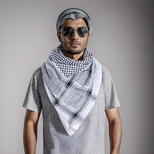 Jmkcoz Arab Shemagh Tactical Desert Keffiyeh Head Scarf Arabic Turban Neck Headwear Wrap Arab Muslim Costume for Men Women - color: Black and White