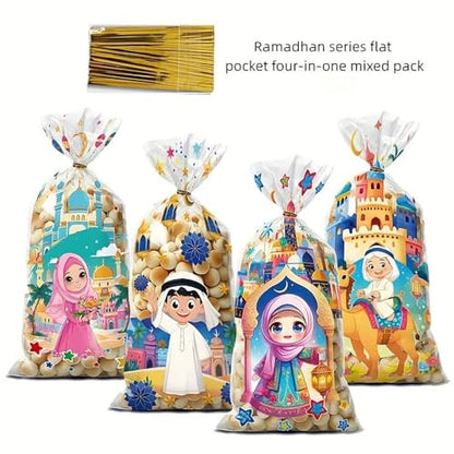 50pcs Eid Mubarak Colorful Gift Bags with Moon, Castle & Star Designs - with Tie Closure for Ramadan Kareem Celebrations & Islamic Muslim Party Favors (Transparent pattern) - color: Transparent pattern