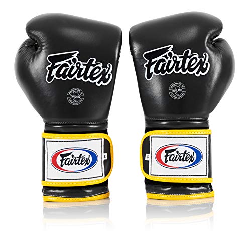 Fairtex BGV9 Muay 전문 복서 및 트레이너를 위한 | 하드 타자를 위한 멕시코 스타일 장갑 | 무술용 MMA 장갑 | 경량 및 충격 흡수 복싱 장갑 - color: 블랙/옐로우 파이핑, size: 10온스