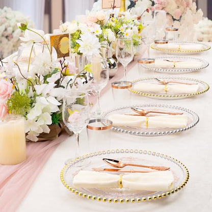 Hioasis 175pcs Clear Rose Gold Plastic Plates - Elegant Disposable Dinnerware Set Suitable for 25 Guests Include 10.25" Dinner & 7.5" Dessert Plates, Cutlery, Napkins, Cups for Party - color: Clear and Rose Gold