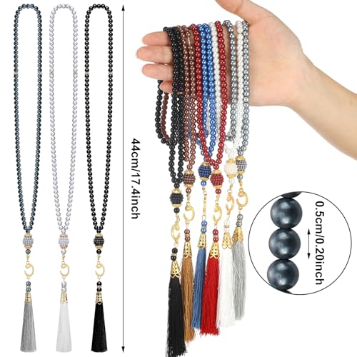 Jiuguva 12 Pcs Kufi Hats for Men and Muslim Prayer Beads Set 6 Handicraft Knitted Hat Stretchy Taqiyah Cap and 6 Tasbih 99 Beads