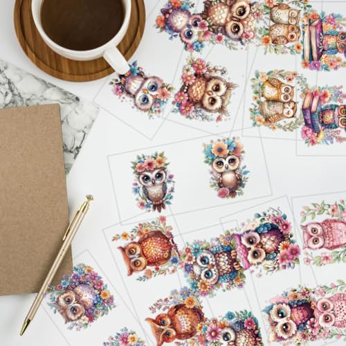 Arricraft 10 Sheets Owl UV DTF Cup Wrap for 16OZ Glass, Flowers Books Birds Rub on Decals Animal Theme PVC Transfer Stickers for DIY Cups Bottle Wood Furniture Garden Decor - style: Cute Owl