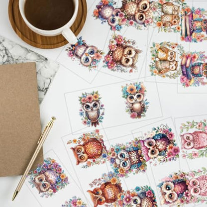 Arricraft 10 Sheets Owl UV DTF Cup Wrap for 16OZ Glass, Flowers Books Birds Rub on Decals Animal Theme PVC Transfer Stickers for DIY Cups Bottle Wood Furniture Garden Decor - style: Cute Owl