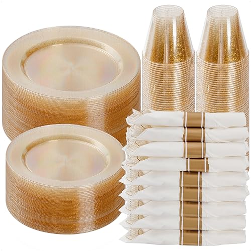 Goodluck 350 Piece Gold Glitter Plastic Dinnerware Set for 50 Guests - color: Gold Glitter, style: 350 Piece (50 guests)