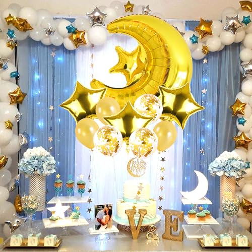 10 Pcs Moon Star Foil Balloons, 36 Inch Big Jumbo Moon Mylay Balloons and 18 Inch Star Foil Balloons for Baby Shower Birthday Wedding Party Decorations (Gold)
