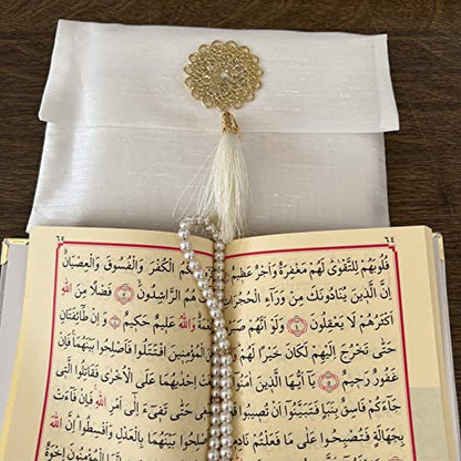 Muslim Prayer Rug, Bag & Yaseen Surah Pocket-Size Book, Bag & Prayer Beads Set I Perfect Islamic Gift I Prayer Rug Travel I Muslim for Men&Women | Luxury Islamic Gifts (5 Sets, Cream) - color: Cream, size: 5 Sets