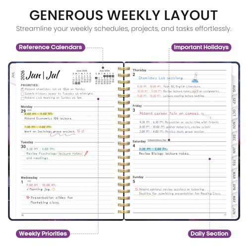 Planner 2026–2027, Academic Monthly Weekly Spiral Calendar, July 2026 – June 2027, Hardcover Agenda Notebook with Tabs, 6.3" x 8.5", Perfect for Students, Teachers, School & Daily Planning - Violet Lagoon - color: R-Violet Lagoon, size: (6.3"x8.5")a5