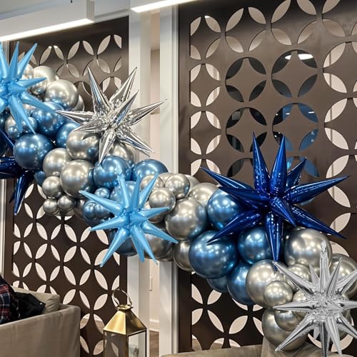 Blue Silver Star Balloons, 6PCS 22 Inch Foil Explosion Star Balloons - color: Dark Blue Silver Blue