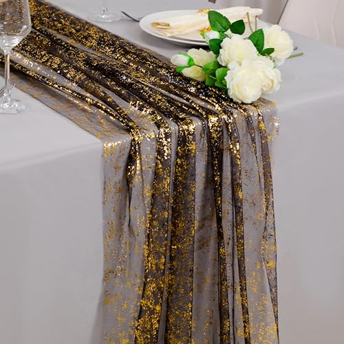 Snowkingdom 6 Pcs Black & Gold Cheesecloth Table Runner 10 FT, Sheer Chiffon Sparkle Gauze Mesh Runners 120 Inch, Glitter Table Centerpieces Decoration for Birthday Party Wedding Christmas Halloween - color: Black Gold, size: 10FT/6Pcs