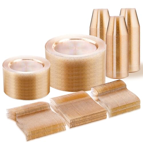 WELLIFE Gold Glitter Disposable Plates, Dinnerware Set for 75 Guests - color: Gold Glitter, size: 75 Guests