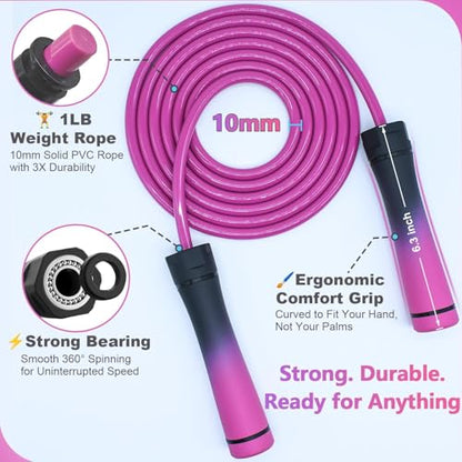 Weighted Jump Rope, 1LB Tangle-Free Ball Bearing Rapid Speed Skipping Rope for Men Women, Adjustable 9mm Cotton & PVC Rope with Alum Handle for Boxing MMA Weight-Loss Athletic Workout Fitness - color: Gradient Pink & Black