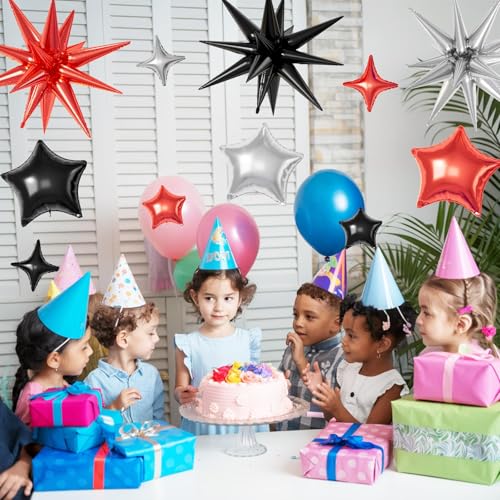 Red Black Silver Star Balloons,16Pcs 22/18/10 Inch Foil Prom Movie Decor - color: Red Black Silver
