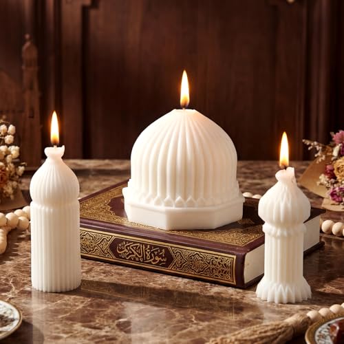 3 Pcs Eid Mubarak Candles Ramadan Decoration Ramadan Mosque Shaped Soy Wax Scented Candle for Eid Islamic Home Decor Gift, Halal Islamic Meditation Table Centerpiece Decor Festive Supplies(White)