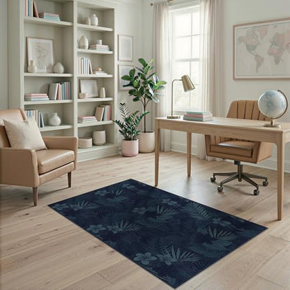 4'x6' Washable Bohemian Palm Tree Accent Rug, Dark Blue Non-Shedding Small Carpet Pet Friendly & Non-Slip for Playroom, Bedroom, Reading Nook | Ref:1992776 - color: Blue/Pattern 2, size: 4' x 6' (Rectangular)