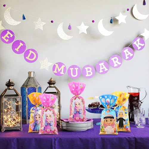 Eid Mubarak Cellophane Treat, Lovely Muslim Ramadan Decorations Cartoon Print Goodie Bags Candy Cellophane Goody Favor Gift Bags for Kids Boys Girls, Muslim Islamic Eid Iftar Diwali Party Supplies