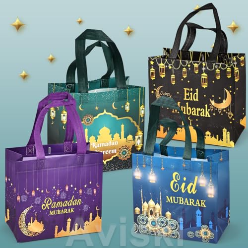 Aviski 16PCS Eid Mubarak Reusable Gift Bags, Treat Bags with Handles, Ramadan Mubarak Party Bags, Multifunctional Non-Woven Eid Bags for Gifts Wrapping, Ramadan Kareem Party Supplies, 23×22×11cm