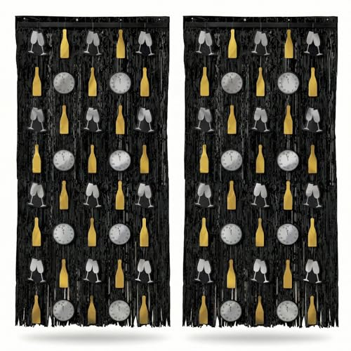 2 Pack New Year’s Eve Door Curtain Backdrop 3ft x 8ft Each – Black Tinsel Fringe Curtain with Champagne Bottles, Clinking Glasses & Countdown Clocks, Shiny Photo Booth Background for NYE Party Decor - color: New Years Eve