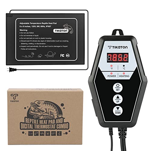 Tikaton Reptile Heating Pad and Digital Thermostat Combo Set, Under Tank Heater for 10-20gal/30-40gal Tank, Terrarium Heat Mat for Turtle/Snake/Lizard/Frog/Spider/Plant Box - size: 1 Pack-6" X 8"