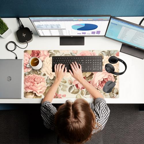 Cute Floral Desk Mat Pastel Roses Gaming Mouse Pad XXL Large Extended Flowers Desk Pad, Laptop Keyboard and Mouse Mat with Stitched Edges, Women Computer Desktop Mat Gamer Playmat 31.5x15.7 in - color: Pastel Roses