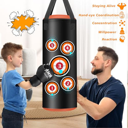 Hanging Punching Bag for Kids, 2FT PU Leather Kicking Bag with Boxing Bag Gloves, Heavy Bag Boxing Equipment for Training Karate Muay Thai Kick Taekwondo(Unfilled)
