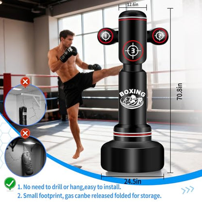 Freestanding Punching Bag with Gloves, 70'' Heavy Boxing Bag with Stand for Adult Teens, Standing Women Men Inflatable Kickboxing Bags for Beginners Training MMA Muay Thai Fitness - style: Punching Printing