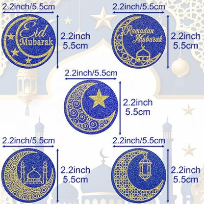 30 Pcs Eid Mubarak Paper Cupcake Decorations, Featuring a Shiny Gold and Blue Moon and Stars, Themed for Lslamic Muslim Parties