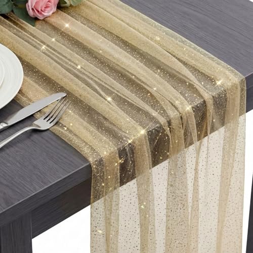 1 Pc Gauze Table Runner 10 ft, Gold Metallic Foil Sheer Glitter Table Runners for Wedding Reception Birthday Graduation Anniversary Party - color: Gold