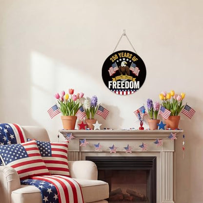 Smile 250 Years of Freedom Wooden Round Door Hanger, 1776-2026 American Bicentennial Front Door Sign for 4th of July & Patriotic Decor - style: 250th Freedom