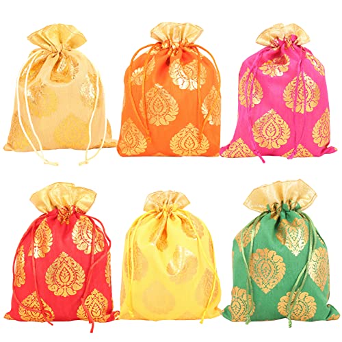 Touchstone Drawstring Bags Traditional Indian Handcrafted Fabric Perfect for Gifts Jewelry Weddings Pouches Purses Potli - color: Ficus Leaf_Multicolor (Pack of 6), size: 9x7 inches