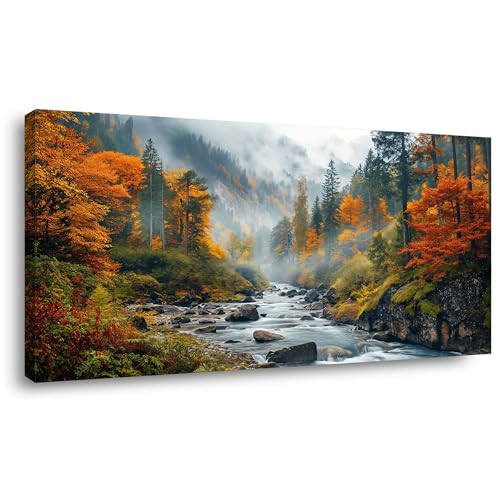 Palderwallart Beautiful Brook Mountain Landscape Wall Art for Living Room Office Riverside Forest Nature Scenery Colorful Autumn Painting Prints Woodland Scenic Canvas Artwork Dining (20x40 Inches) - color: Colorful Autumn Wall Art (Y856), size: 40"L x 20