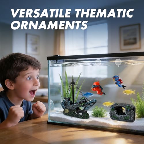 4PCS Fish Tank Decorations Set – Resin Shipwreck & Barrel with 2 Floating Diver Figurines, Aquarium Decor Ornaments for Betta Fish Goldfish Shrimp, Safe Hideouts Decor for Small Tanks