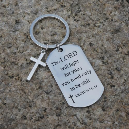 GiftYou Inspirational Scripture Metal Key Chains with Cross Pendant - Bible Verse Keychain Religious Gift for Christian - color: Exodus 14:14