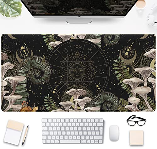 Moon Mushroom Gaming Desk Pad Cute Dark Tarot Mousemats Desk Mat, Forest Extended Large Anime Mouse Pad, Gamer Desk Decor Setup, Full Desk Mouse Keyboard Mat XXL, Laptop Desk Pad 31.5"x15.75" - color: Black Flat Mushroom